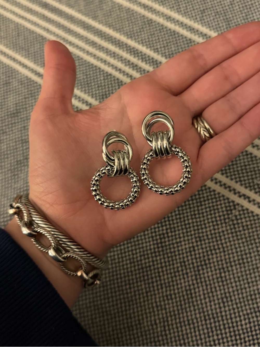 Urban Outfitters Silver-Tone Textured Double Hoop Drop Earrings